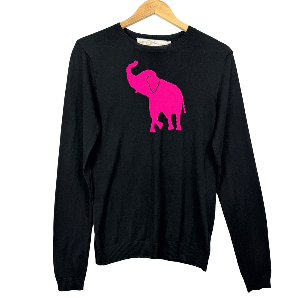 Tracy Negoshian Silk Cotton Blend Black Pink Elephant Knit Sweater S/M